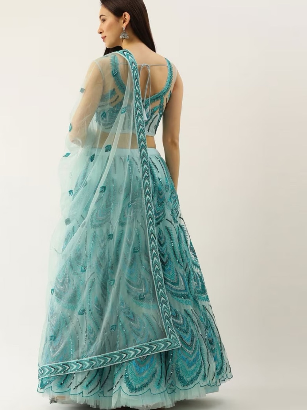 NWT Embellished Aqua Blue Lehenga with Sheer Dupatta - Picture 3 of 15